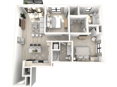 a 3d rendering of a floor plan of a 3 bedroom apartment